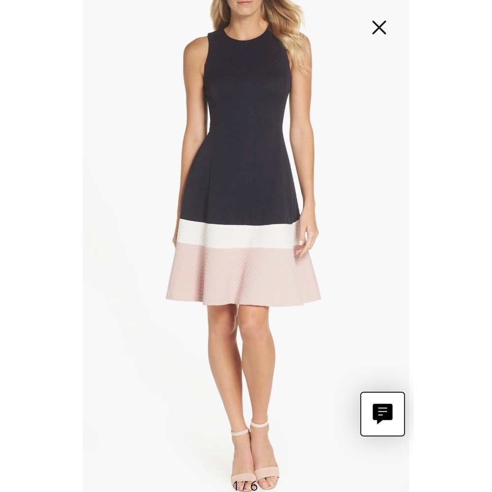 Eliza‎ J Women 14 Navy Blue Pink Colorblock Matelasse Fit Flare Dress Sleeveless